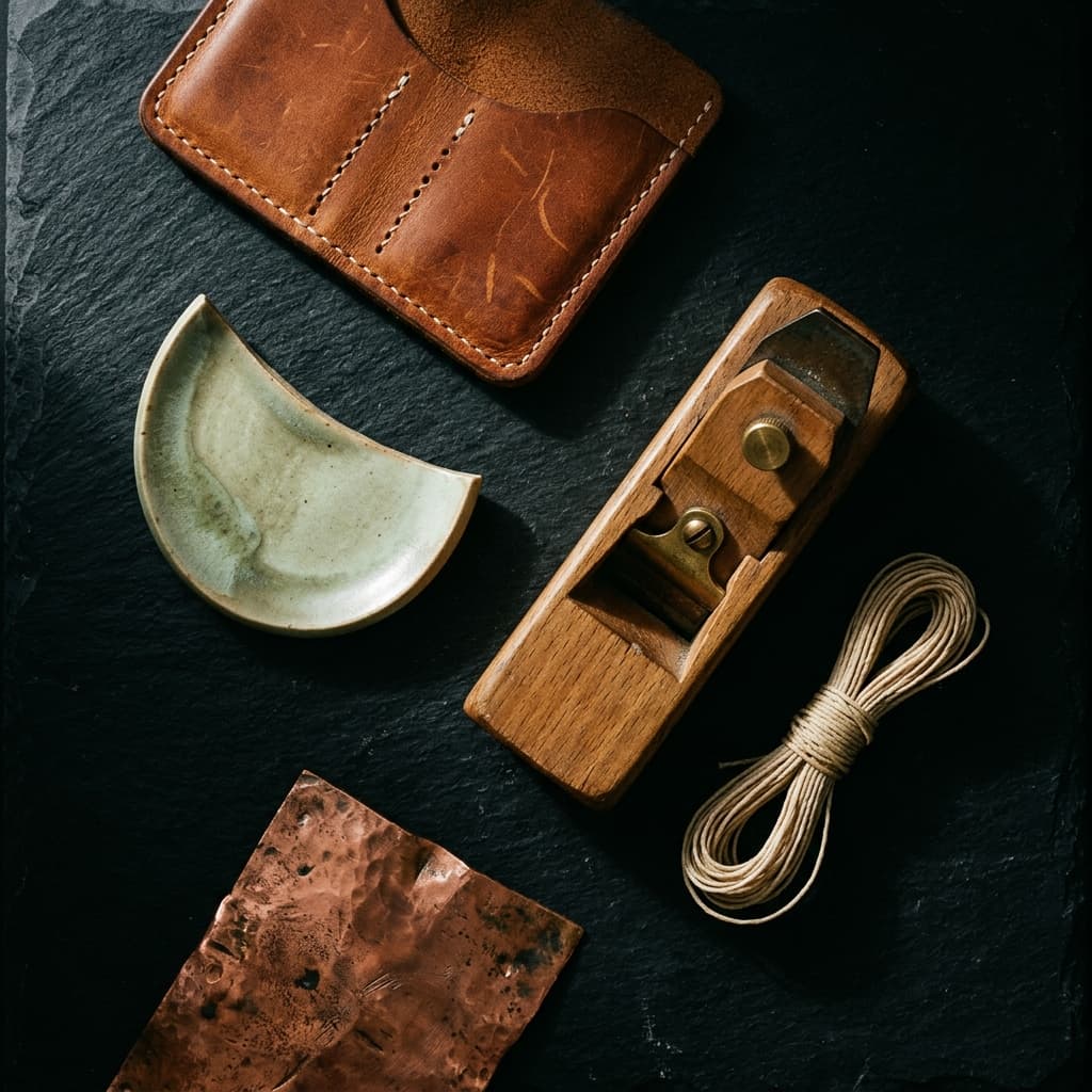 Quiet workshop details with materials and tools