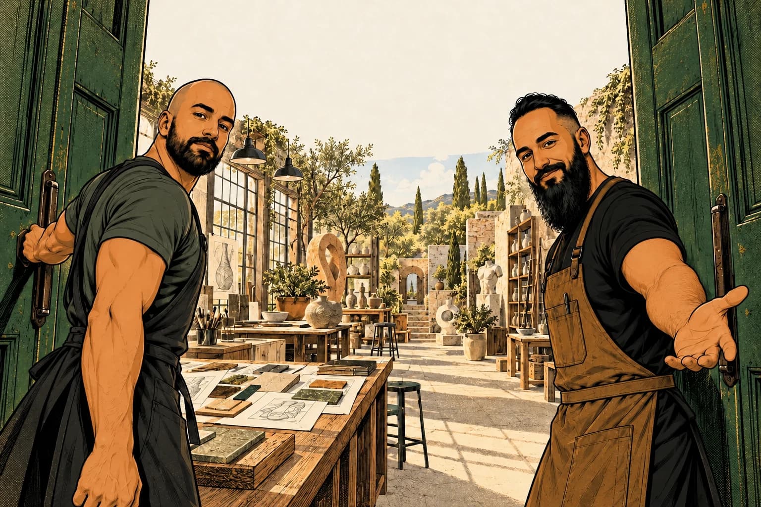 Two illustrated figures open green doors to a world of ateliers.